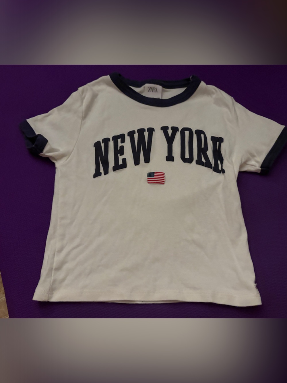 Zara White Tee with Navy Trim and 'NEW YORK' Print